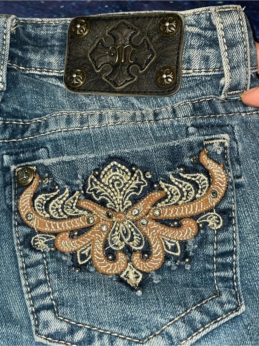 Miss Me Straight Leg Jeans Size 26 Ornate Gold Scrollwork Rhinestone Bling Y2K.